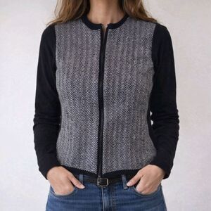 Lord & Taylor Cardigan Sweater Womens Petite Large Black White Full Zip Wool